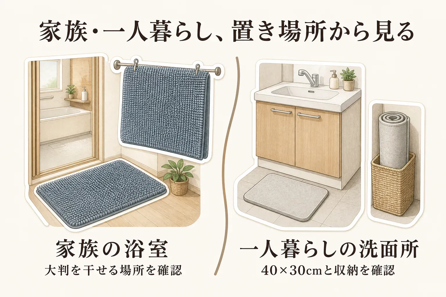 家族の浴室では大判のバスマットを干せる場所を確認し、一人暮らしの洗面所では40×30cm程度のサイズと巻いて収納できるスペースを確認する図