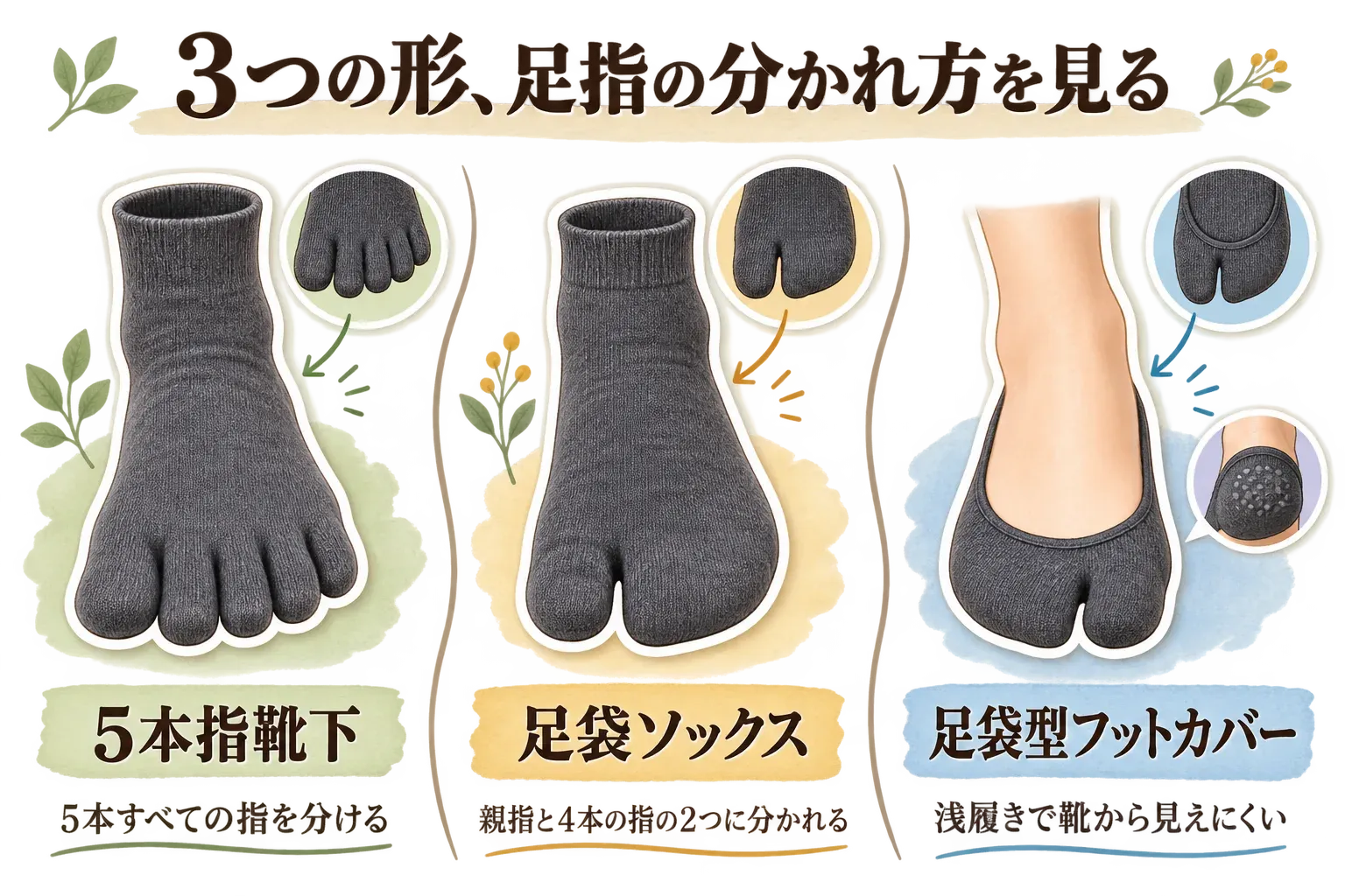 5本すべての足指を分ける5本指靴下、親指と他の4本指を分ける足袋ソックス、浅履きで靴から見えにくい足袋型フットカバーの3つの形を並べて示す図