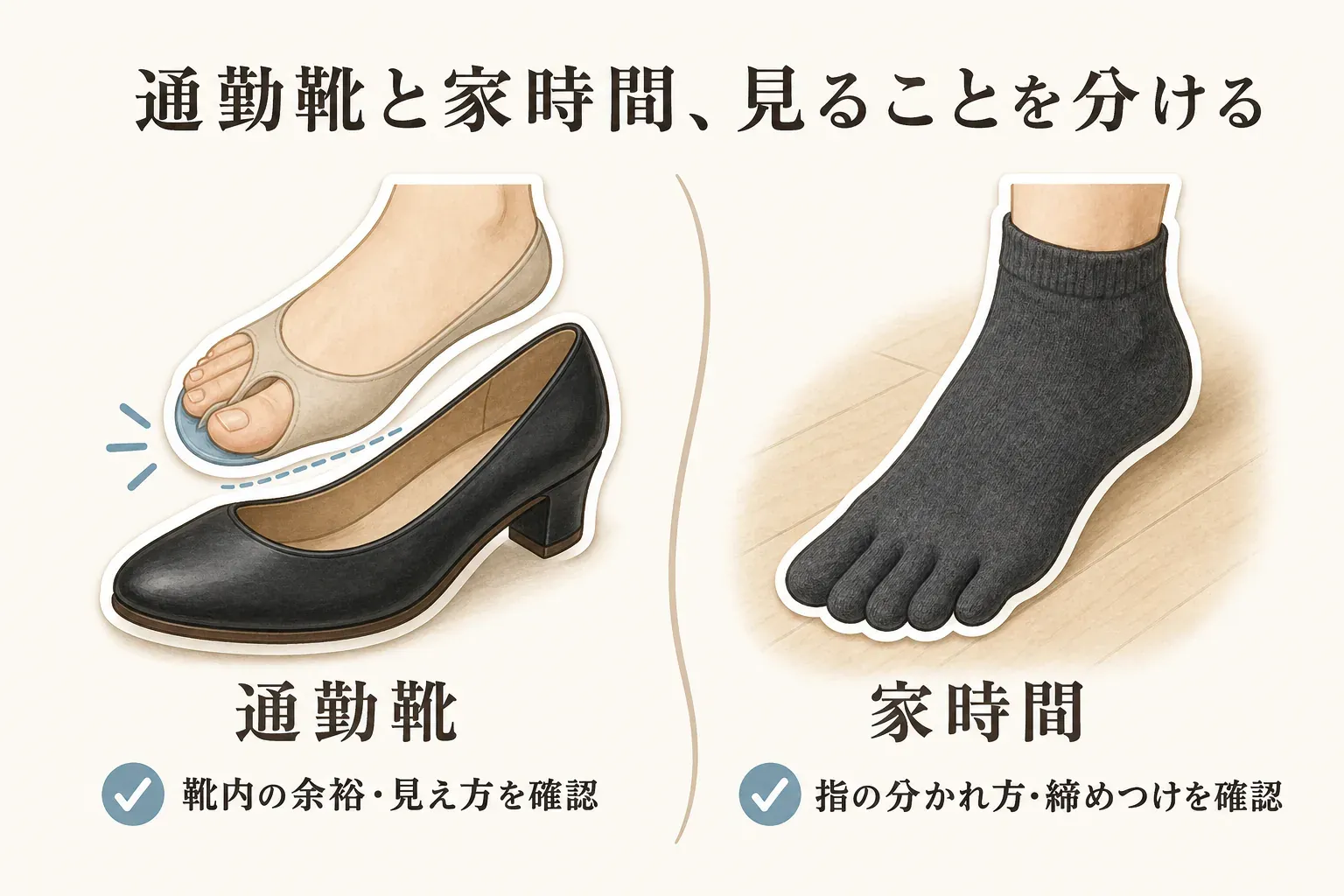通勤靴では靴内の余裕と見え方を確認し、家時間では足指の分かれ方と締めつけを確認する、履く場面別の選び方を示す図