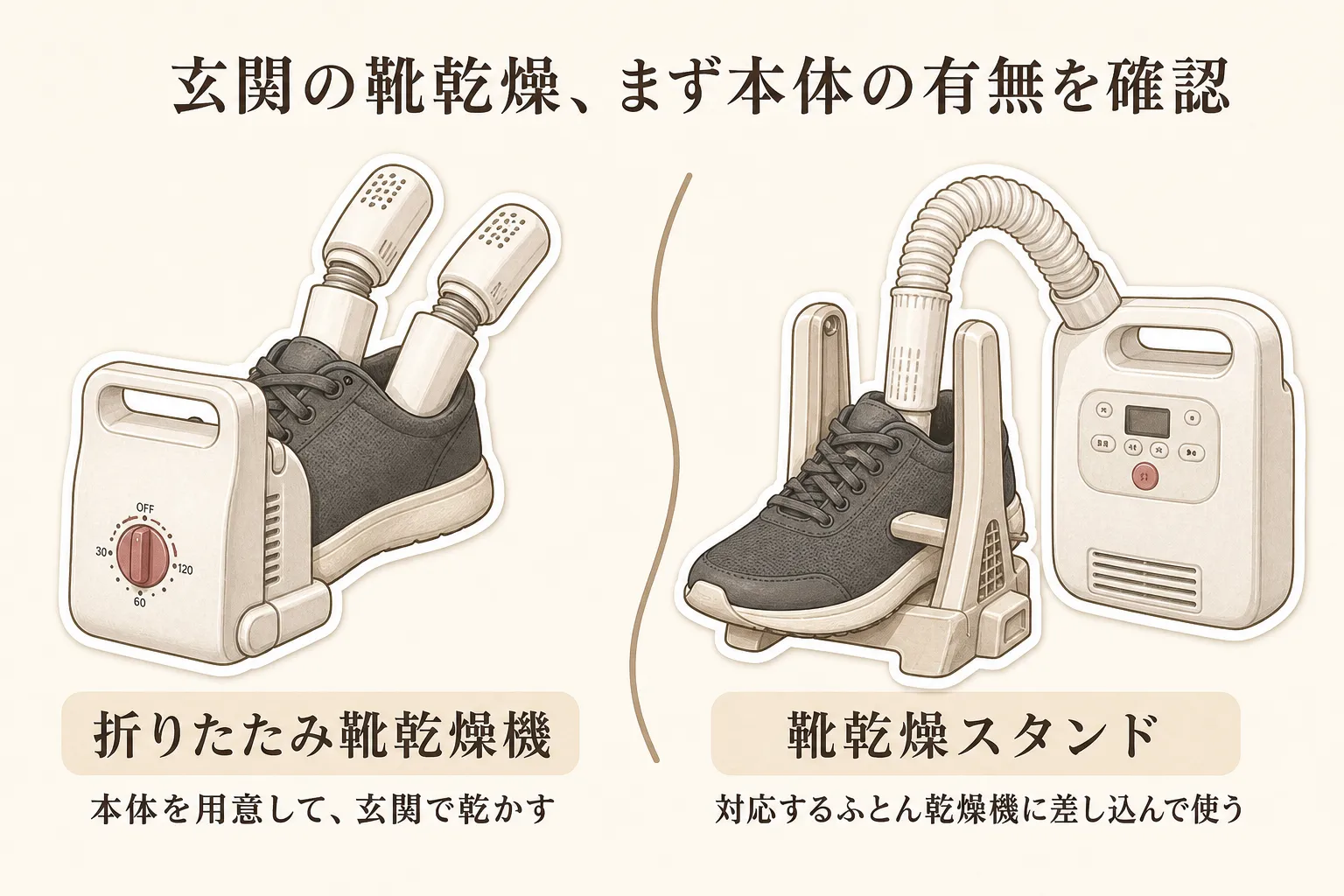 玄関の靴乾燥では、折りたたみ靴乾燥機は本体を用意して靴を乾かし、靴乾燥スタンドは対応するふとん乾燥機に差し込んで使うという違いを並べて示す図