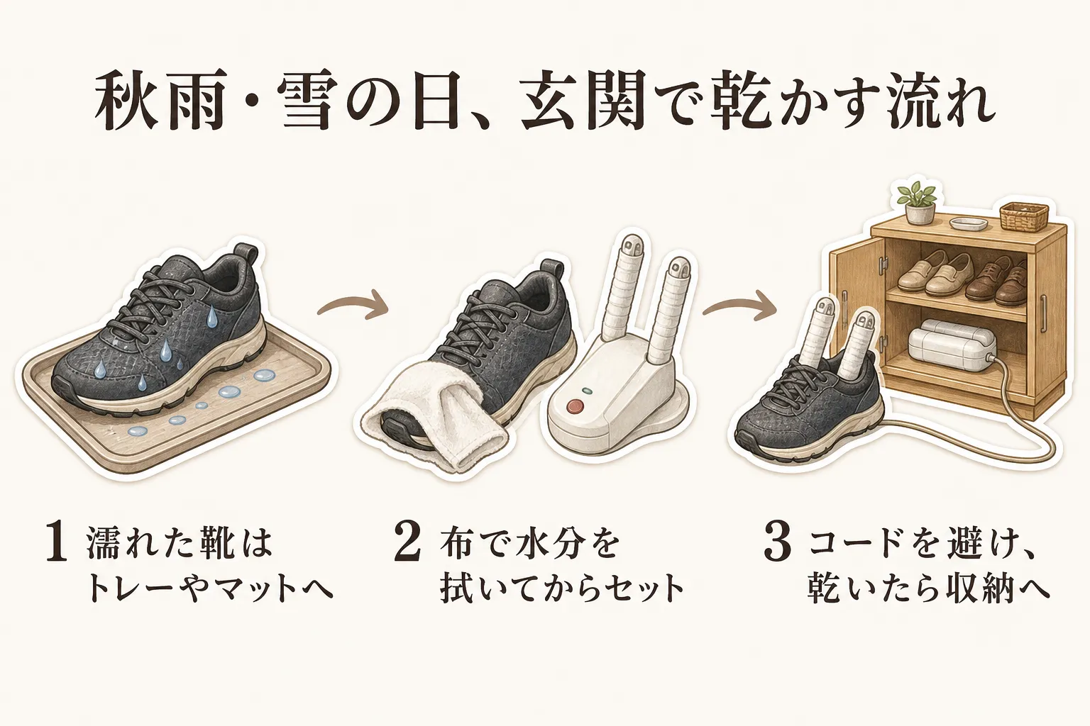 秋雨や雪で濡れた靴を玄関で乾かす流れとして、靴をトレーやマットへ置き、布で水分を拭いて乾燥機にセットし、電源コードを避けながら乾かした後に下駄箱へ収納する3段階を示す図