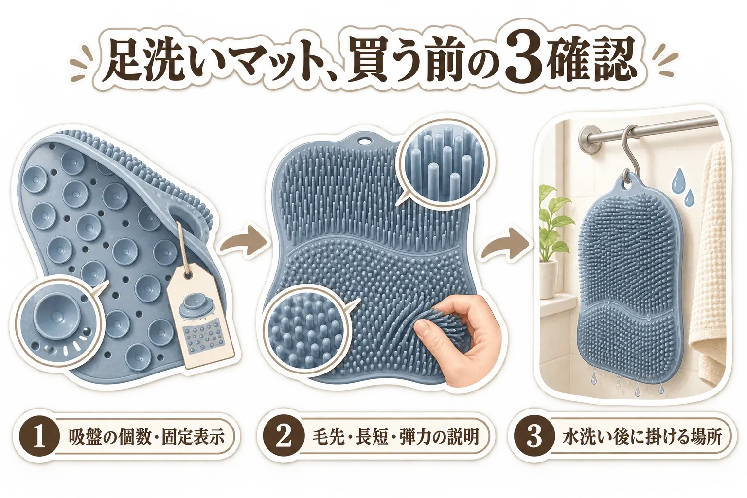 足洗いマットを買う前の3確認として、裏面の吸盤の個数・固定表示、表面の毛先・ブラシの長短・弾力の説明、水洗い後に掛けて乾かす場所を示す図