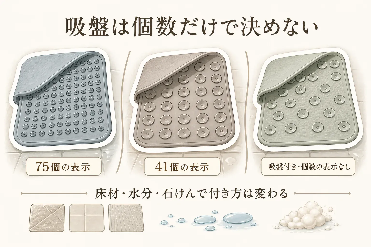 足洗いマットの吸盤表示を比べ、75個の表示、41個の表示、吸盤付きだが個数表示なしの例を示す図。床材・水分・石けんで付き方は変わることを併記