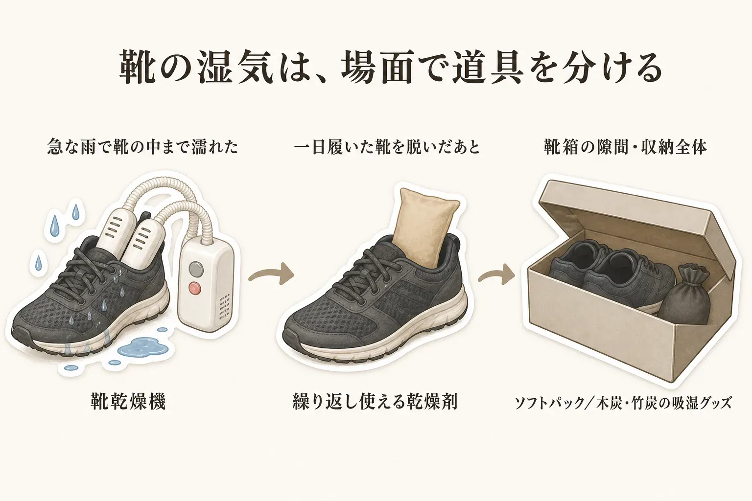 急な雨で靴の中まで濡れたときは靴乾燥機、一日履いた靴を脱いだあとは繰り返し使える乾燥剤、靴箱の隙間や収納全体にはソフトパック・木炭・竹炭の吸湿グッズを使う場面別の使い分けを示す図