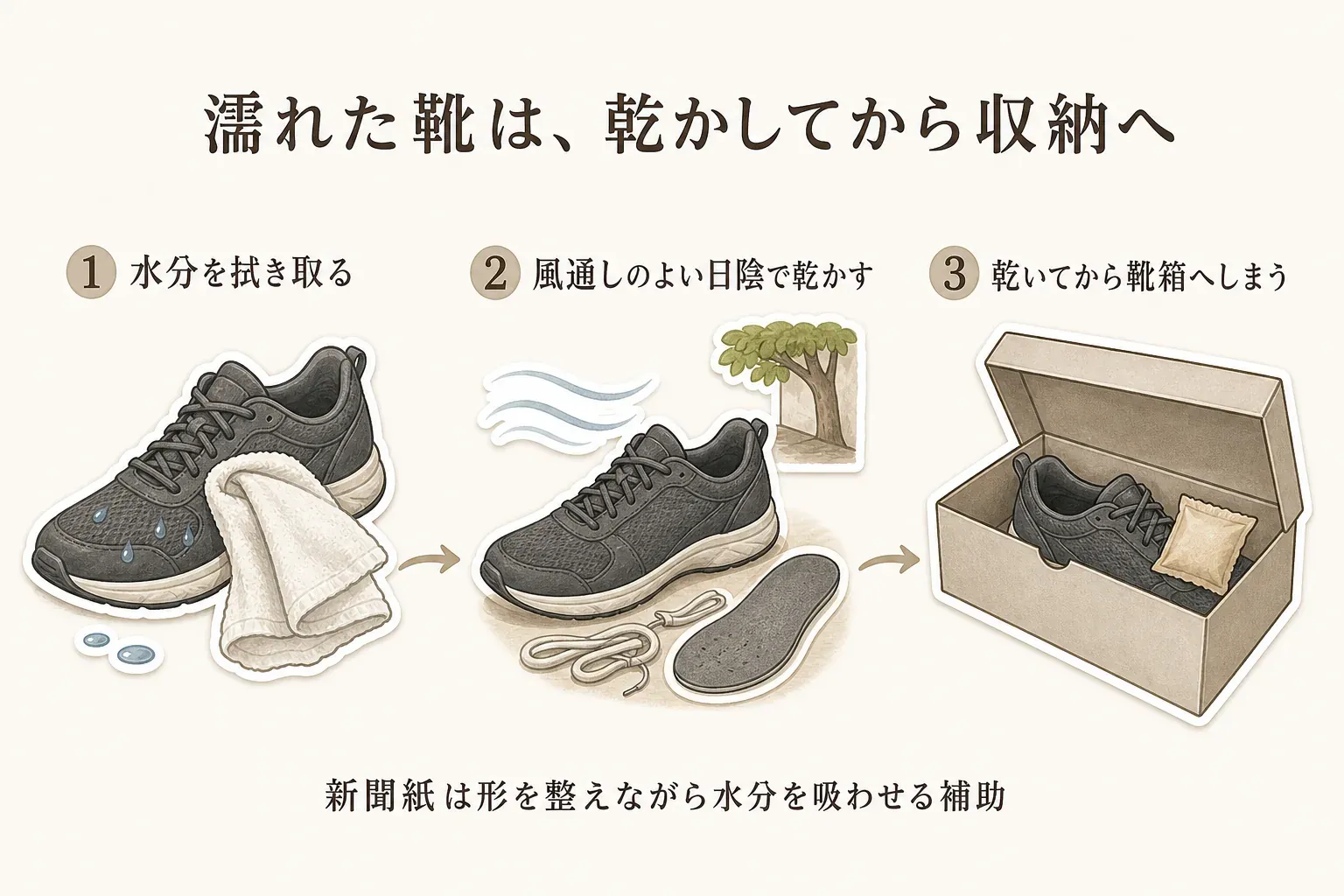 濡れた靴は、水分を拭き取り、靴ひもと中敷きを外せる範囲で外して風通しのよい日陰で乾かし、乾いてから靴箱へしまう3つの手順を示す図。新聞紙は形を整えながら水分を吸わせる補助