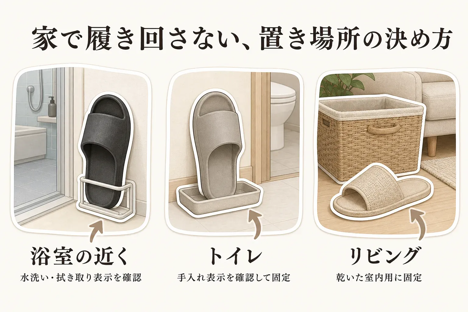 家で履き回さないために、浴室の近くには水洗い・拭き取り表示を確認したスリッパ、トイレには手入れ表示を確認した専用スリッパ、リビングには乾いた室内用スリッパを固定して置く図