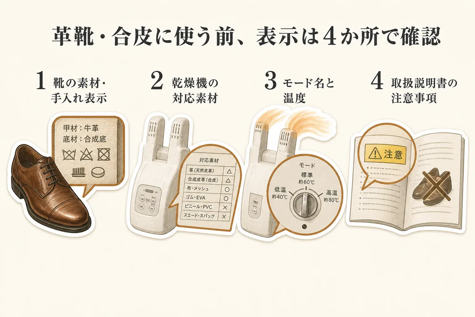 革靴・合成皮革の靴に乾燥機を使う前の確認順として、靴の素材・手入れ表示、乾燥機の対応素材、モード名と温度、取扱説明書の注意事項の4項目を並べて示す図