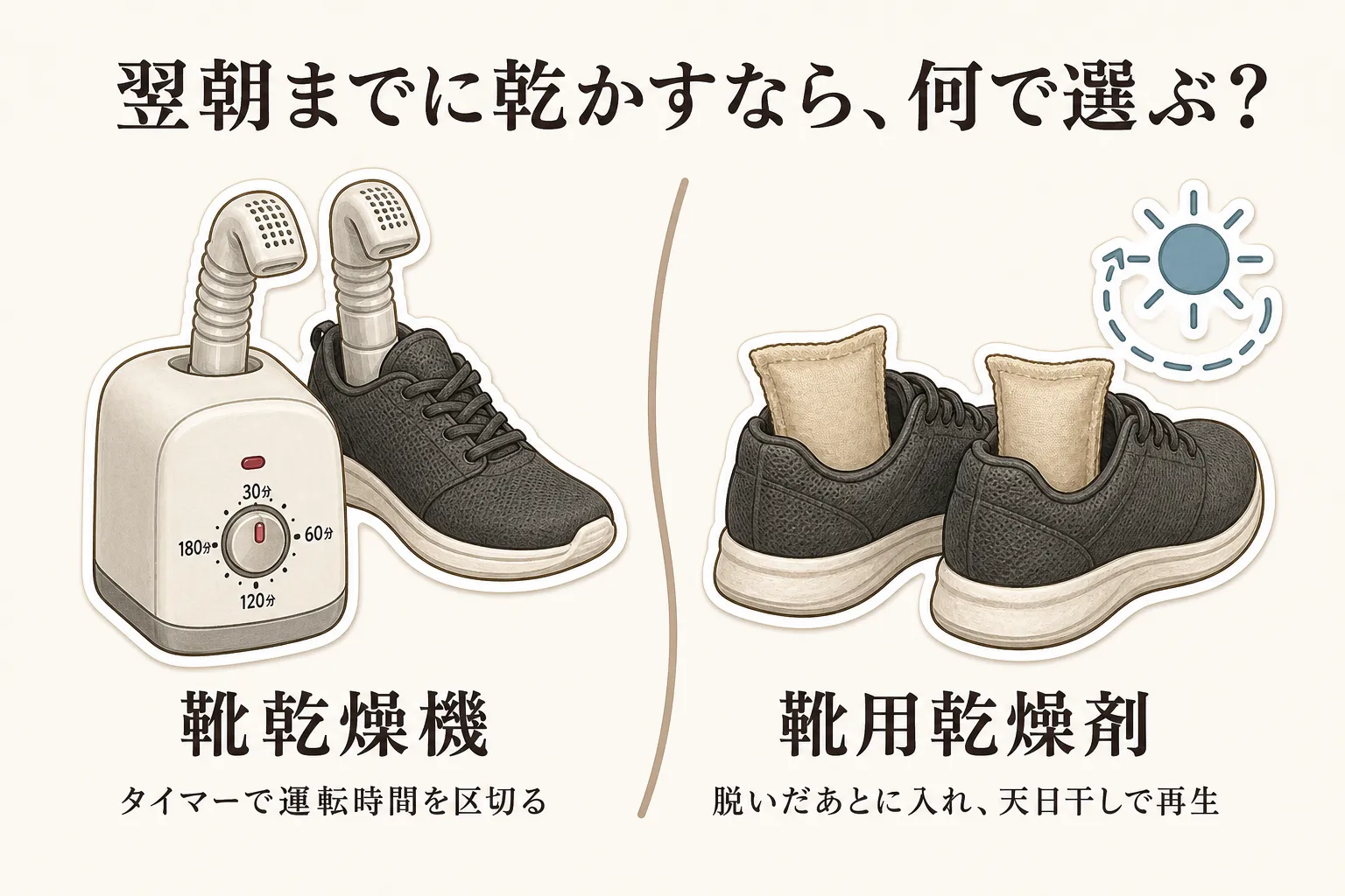 翌朝までに乾かすための選び方として、タイマーで運転時間を区切る靴乾燥機と、脱いだあとに靴へ入れて天日干しで再生する靴用乾燥剤を並べて示す図