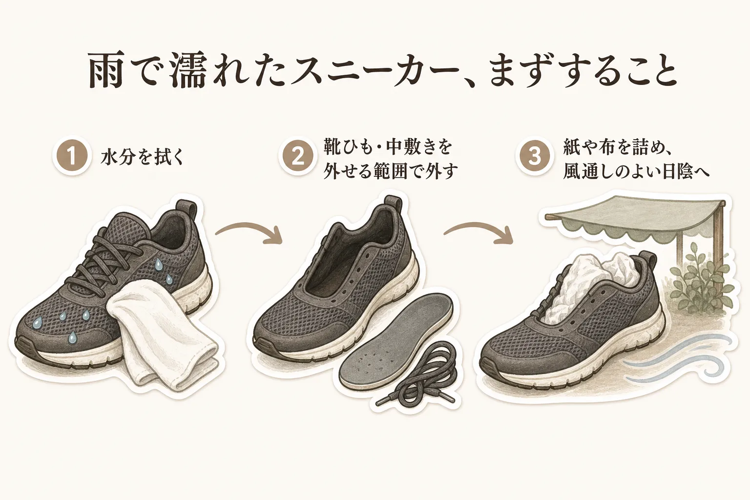 雨で濡れたスニーカーの手入れとして、水分を拭き、靴ひもと中敷きを外せる範囲で外し、紙や布を詰めて風通しのよい日陰に置く3つの手順を示す図。出典：PUMA公式「靴のお手入れ方法」