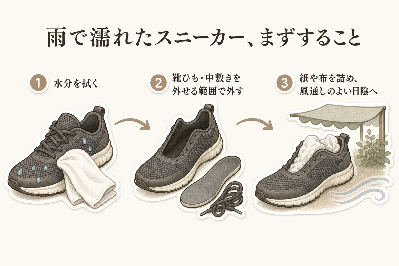 雨で濡れたスニーカーの手入れとして、水分を拭き、靴ひもと中敷きを外せる範囲で外し、紙や布を詰めて風通しのよい日陰に置く3つの手順を示す図。出典：PUMA公式「靴のお手入れ方法」
