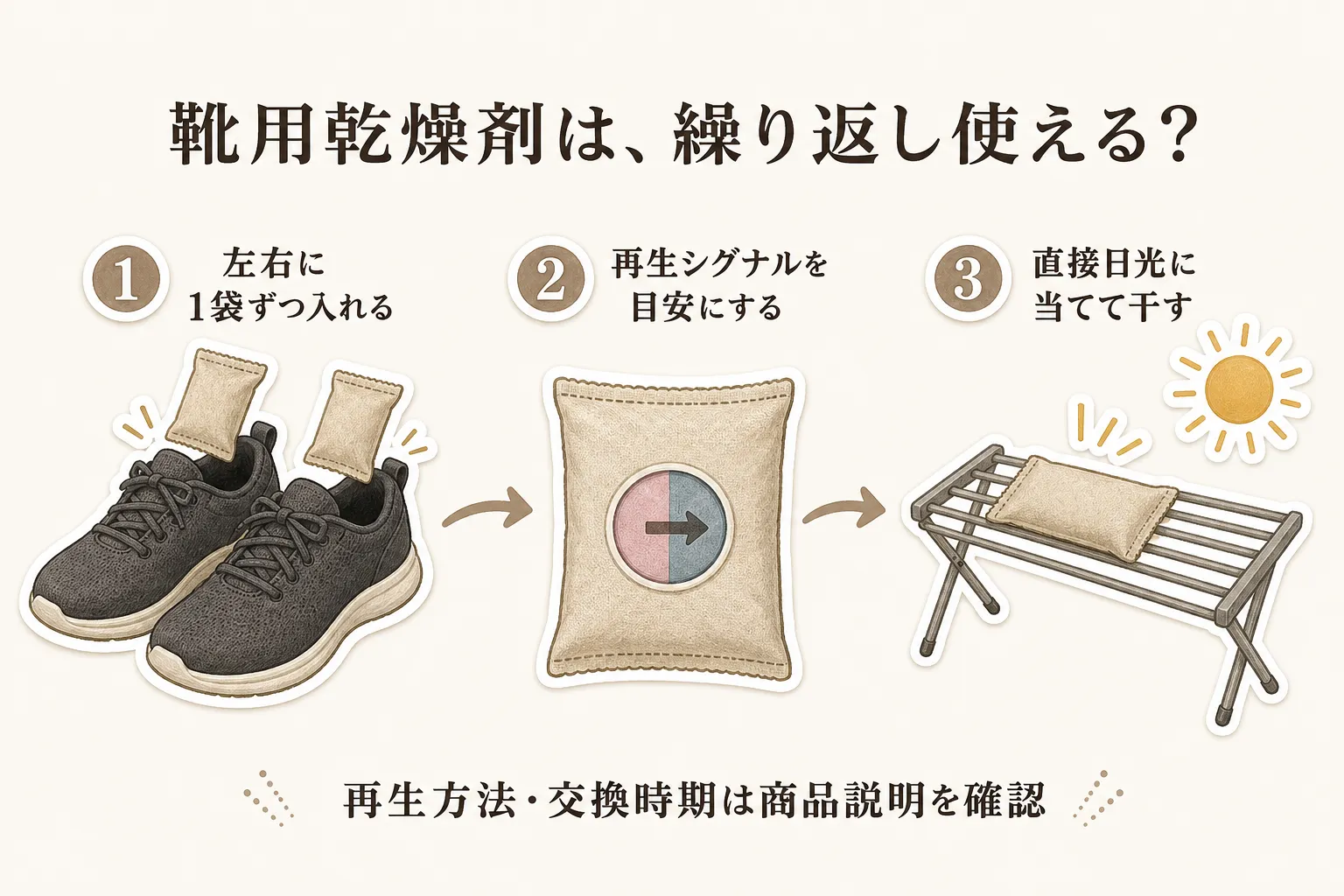 繰り返し使える靴用乾燥剤の使い方として、左右の靴に1袋ずつ入れ、再生シグナルを目安にし、直接日光に当てて干す3つの手順と、再生方法・交換時期は商品説明を確認する注意を示す図