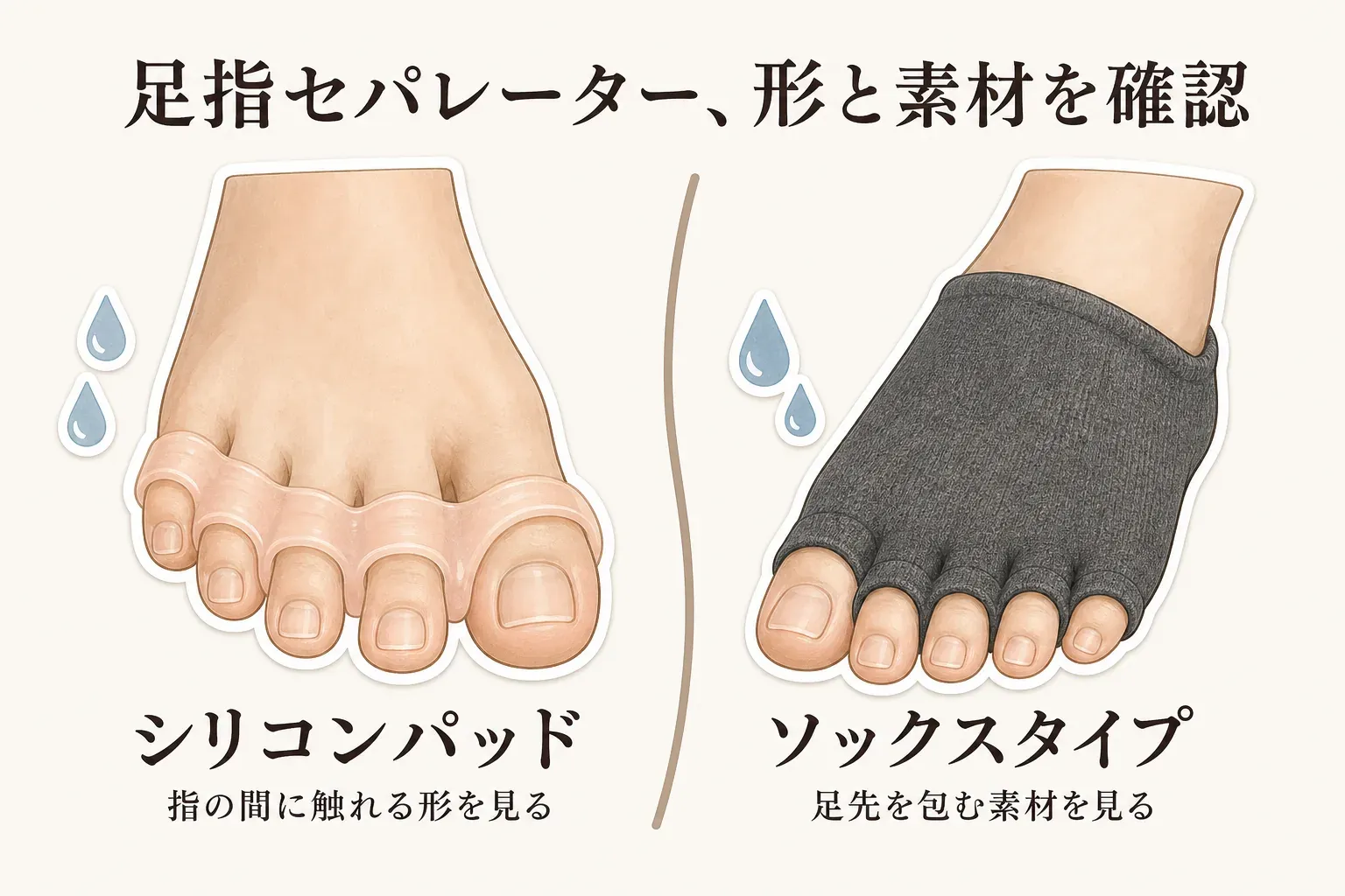 足指セパレーターの形と素材として、指の間に触れるシリコンパッドと、足先を包むソックスタイプを並べて示し、それぞれ確認する部分を示す図