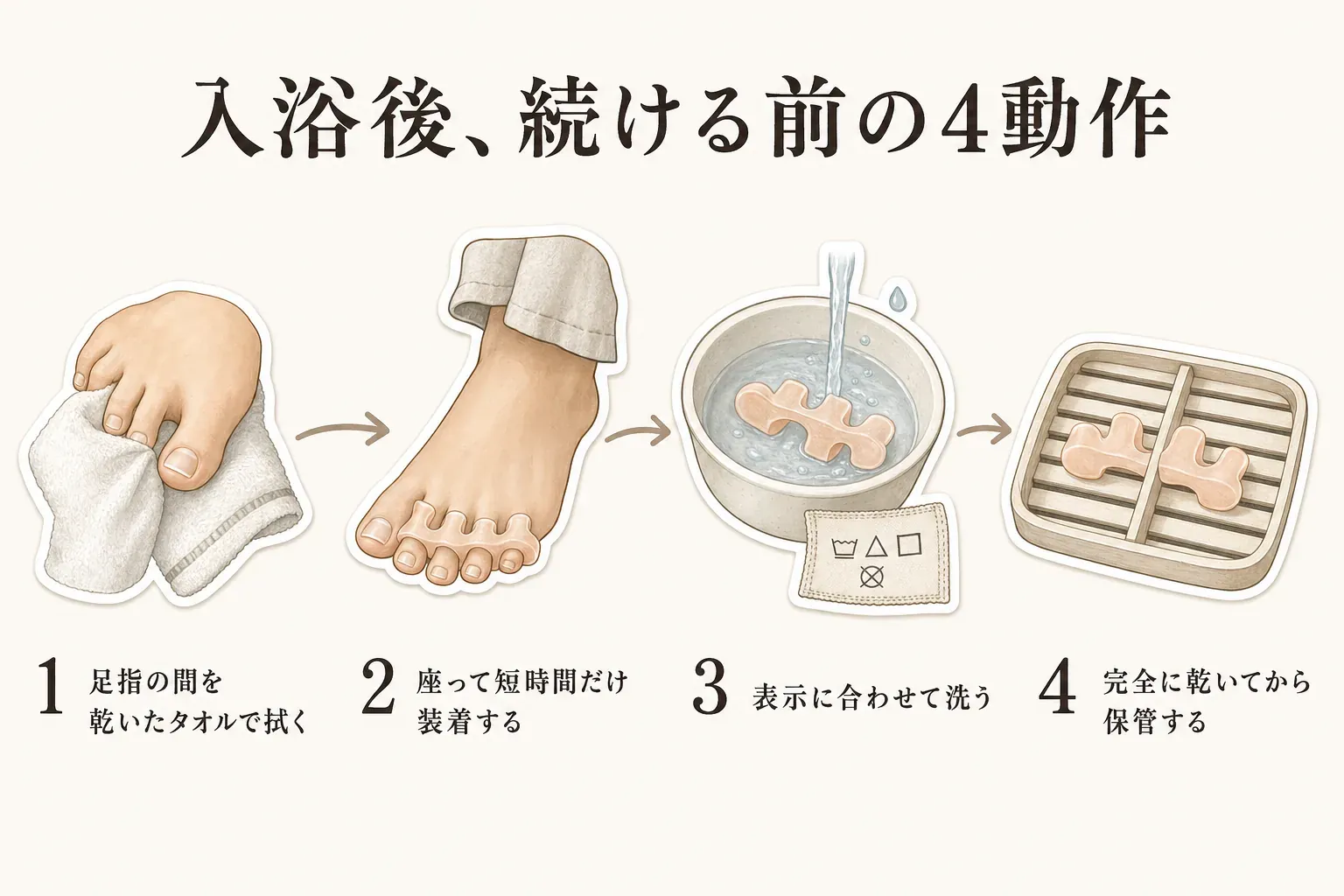 入浴後に足指セパレーターを続けるための4動作として、足指の間を乾いたタオルで拭く、座って短時間だけ装着する、表示に合わせて洗う、完全に乾いてから保管する順を示す図