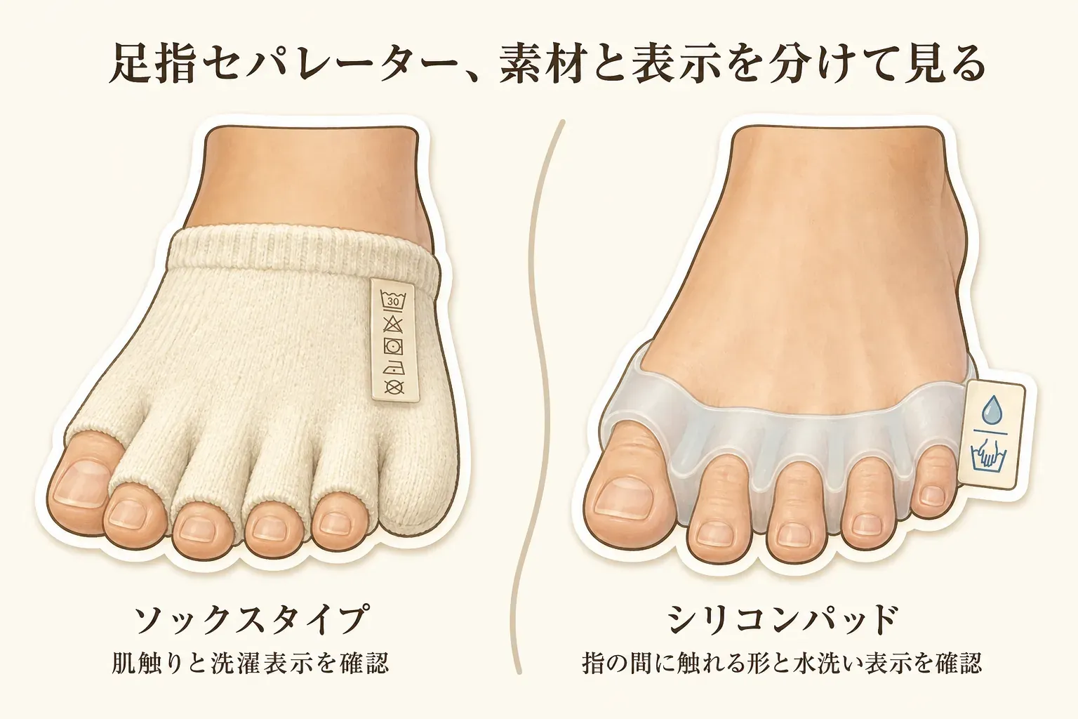 足指セパレーターを選ぶ際に、ソックスタイプは肌触りと洗濯表示を、シリコンパッドは指の間に触れる形と水洗い表示を確認することを示す図