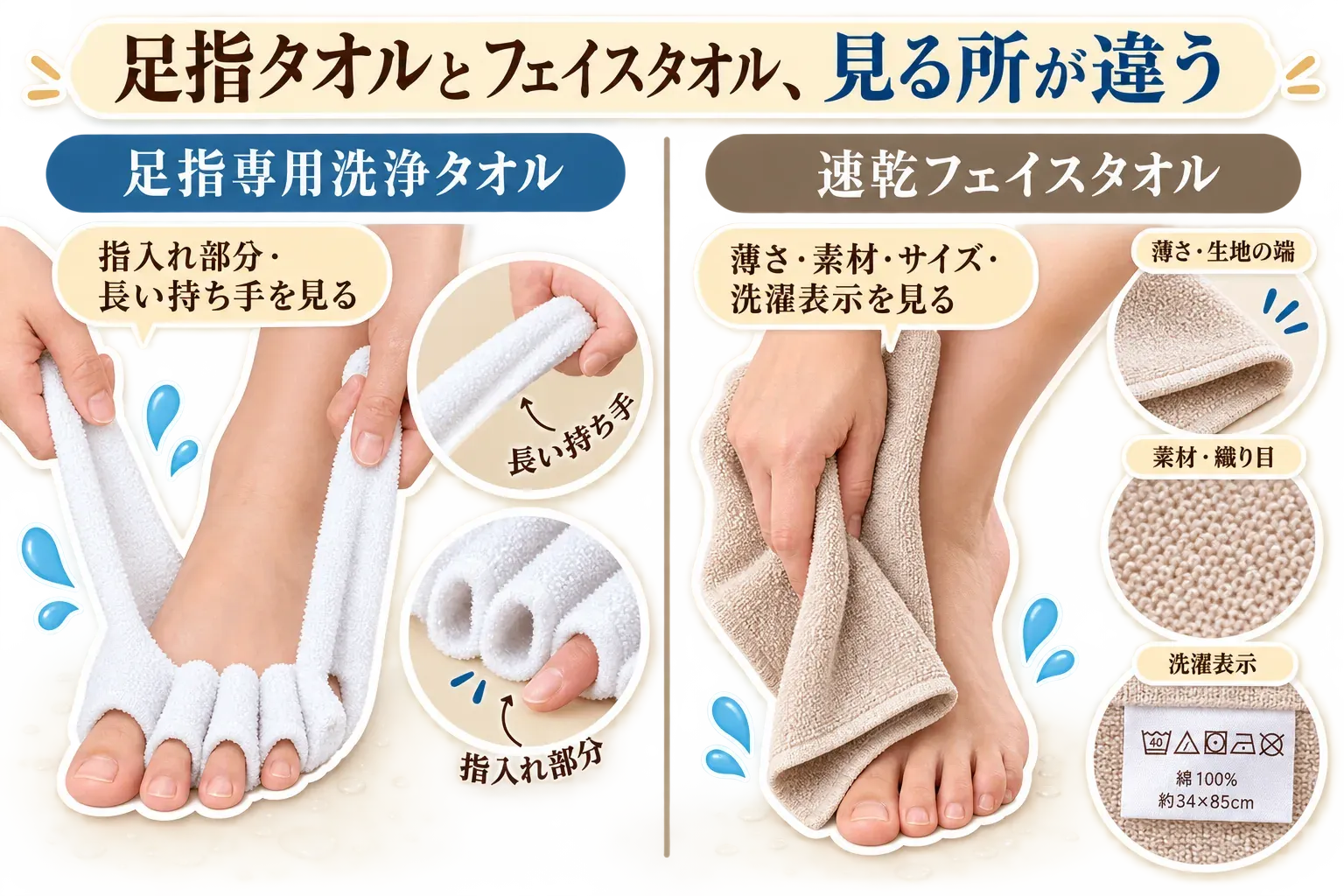 足指専用洗浄タオルは指入れ部分と長い持ち手を確認し、速乾フェイスタオルは薄さ・素材・サイズ・洗濯表示を確認する、2種類のタオルで見る点の違いを示す図