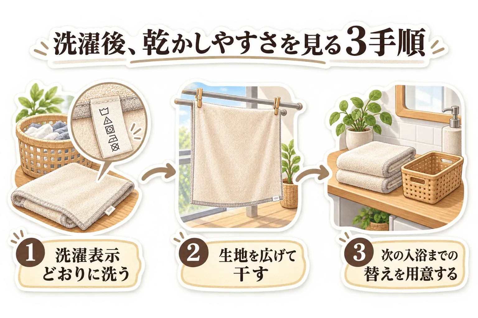 タオルの洗濯後に乾かしやすさを確認する3手順として、洗濯表示どおりに洗う、生地を広げて干す、次の入浴までの替えを用意する流れを示す図